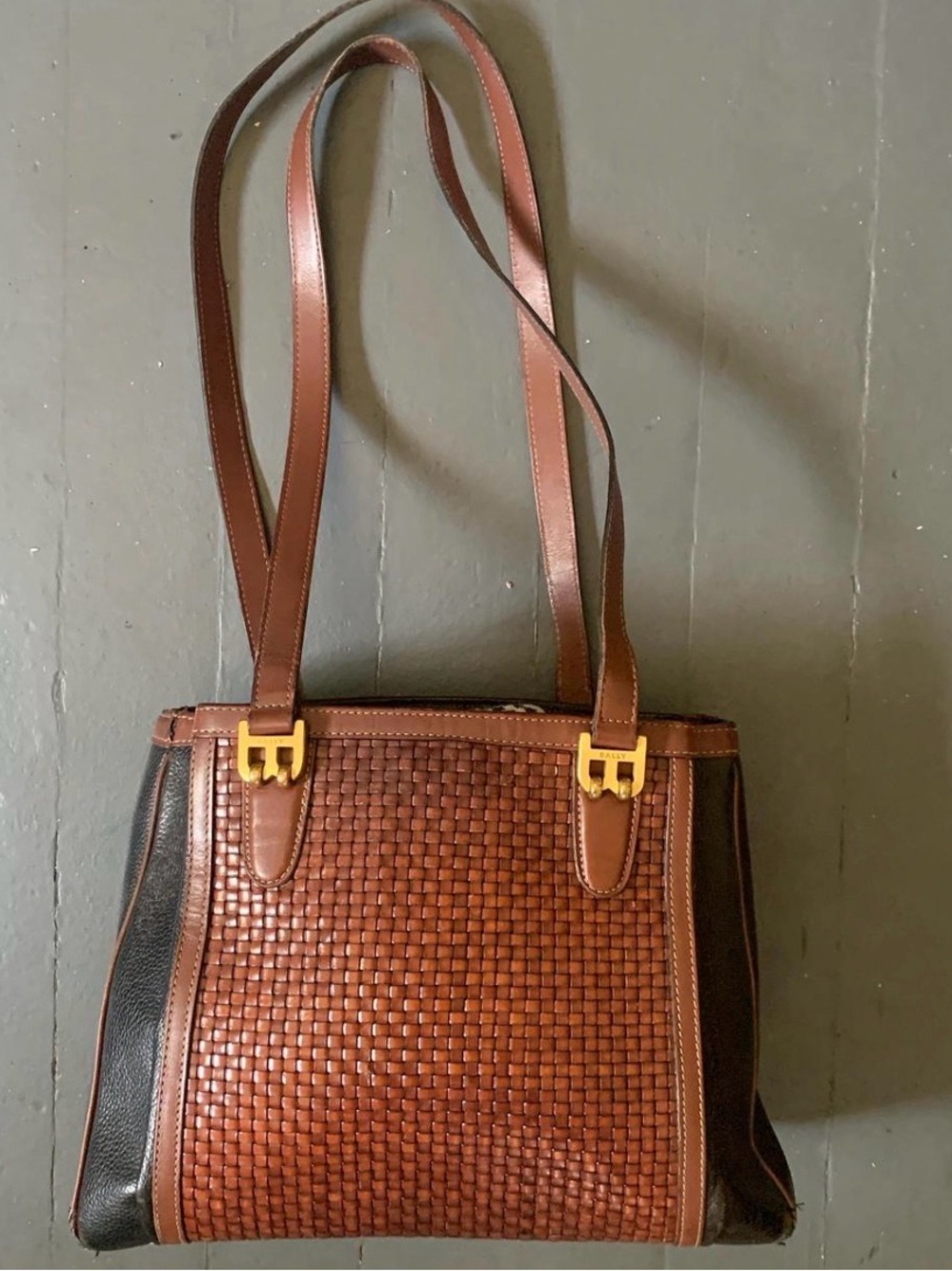 Vintage Bally Brown Woven Leather Shoulder Bag with Gold Hardware